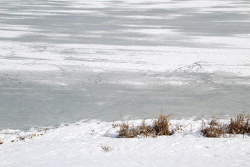 Background melting ice in early spring with snow