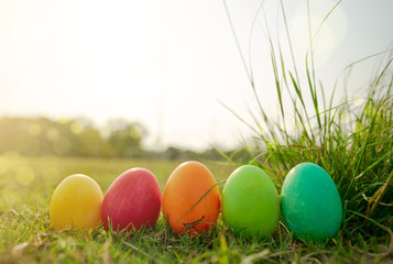 Easter eggs in the lawn with warm orange lighting and bokeh.   