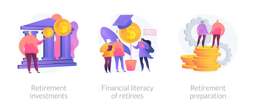 Pension Fund, Elderly People Education, Money Saving Icons Set. Retirement Investments, Financial Literacy Of Retirees, Retirement Preparation Metaphors. Vector Isolated Concept Metaphor Illustrations