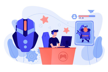 Fototapeta premium Gamer plays role-playing game online and hero avatar in fantasy world. MMORPG, massive multiplayer game, role-playing online games concept. Pinkish coral bluevector isolated illustration