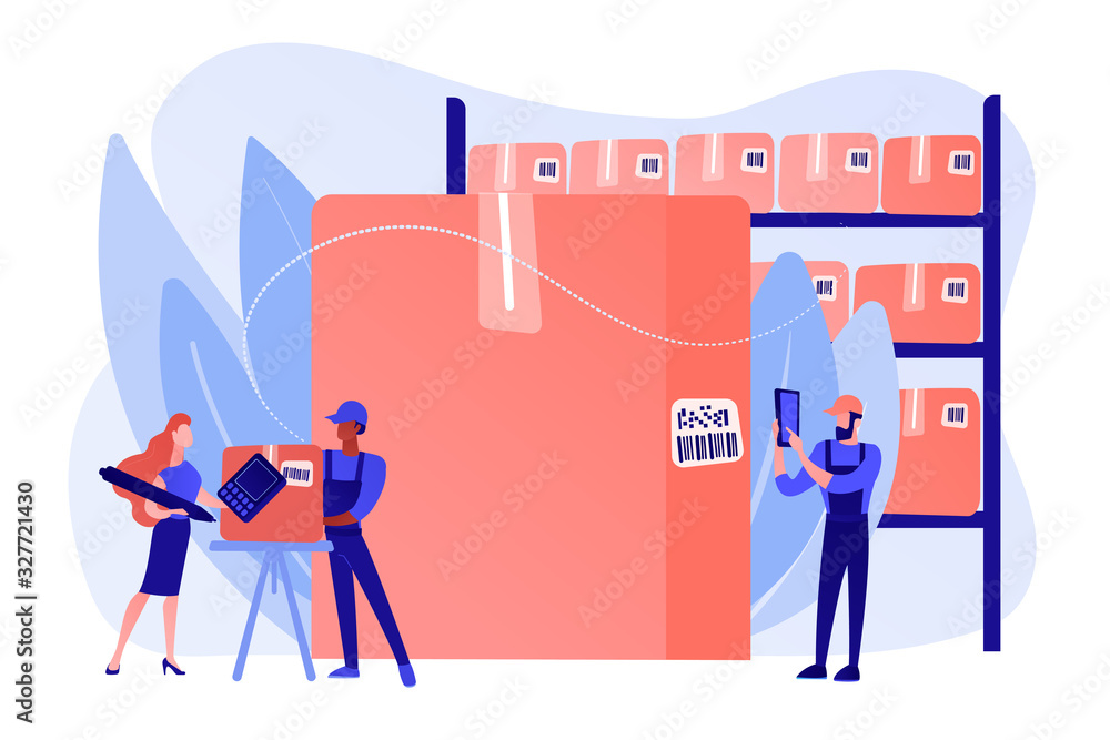 Poster workers in warehouse, storage facility. sorting and labeling items. barcode scanning, barcode genera