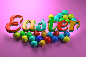 Happy Easter background with lettering decorated by colorfull eggs. Invitation realistic 3d illustration greeting card, ad, promotion, poster, flyer, web-banner, article, social media