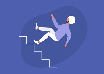 Young indian character falling from a staircase, misfortune, failure concept