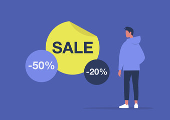 Sale stickers, young male character considering a special offer, marketing campaign