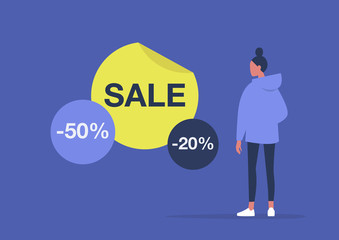Sale stickers, young female character considering a special offer, marketing campaign