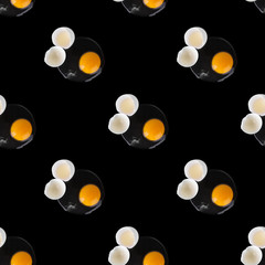 Seamless pattern of broken white eggs on black background top view, repeating ornament cracked eggshell halves, raw egg, yellow yolk, Easter banner, creative poster, art food wallpaper, trendy print