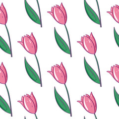 Pink tulips seamless pattern. Hand drawn vector illustration. Cartoon style.