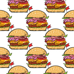 Burger or hamburger with red flag seamless pattern hand drawn vector illustration. Cartoon style.