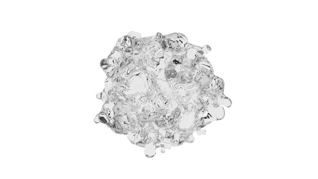 A drop of water expands and seethes on a white background.