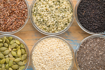 healthy seed collection in glass bowls