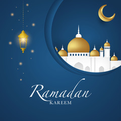 Ramadan Kareem vector card with 3d golden metal crescent, hanging stars, paper cut clouds, mosque. Arabic style arch with traditional pattern. Copy space.