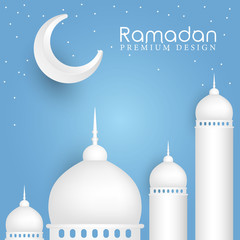 Ramadan Kareem greeting card with 3d cut mosque and crescent moon design background. Vector illustration.
