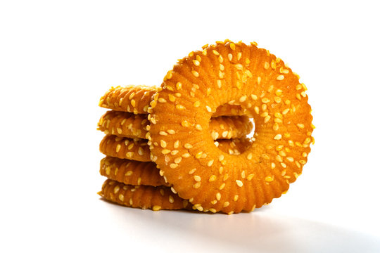 side view crispy crackers with sesame on white background