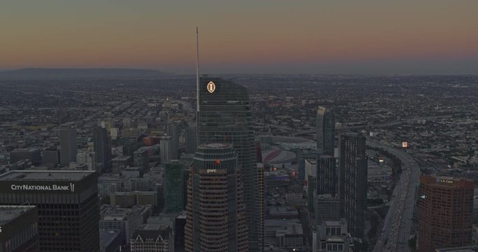 Los Angeles Aerial v239 Panoramic downtown sunrise cityscape with freeway and sun just clearing the horizon - October 2019