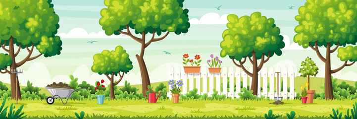 Summer garden with garden tools and fence. Vector Illustrations with separate layers. Concept for banner, web background and templates. - obrazy, fototapety, plakaty