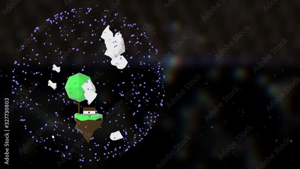 Poster 3d abstract low poly object inside a neon light ring over extraterrestrial virtual space.