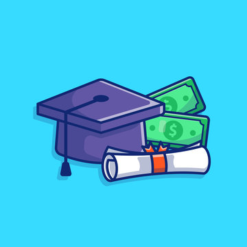 Scholarship Vector Icon Illustration. Graduation Cap, Money, Diploma. Education Icon Concept White Isolated. Flat Cartoon Style Suitable for Web Landing Page, Banner, Flyer, Sticker, Card, Background