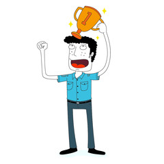 happy man with shining trophy