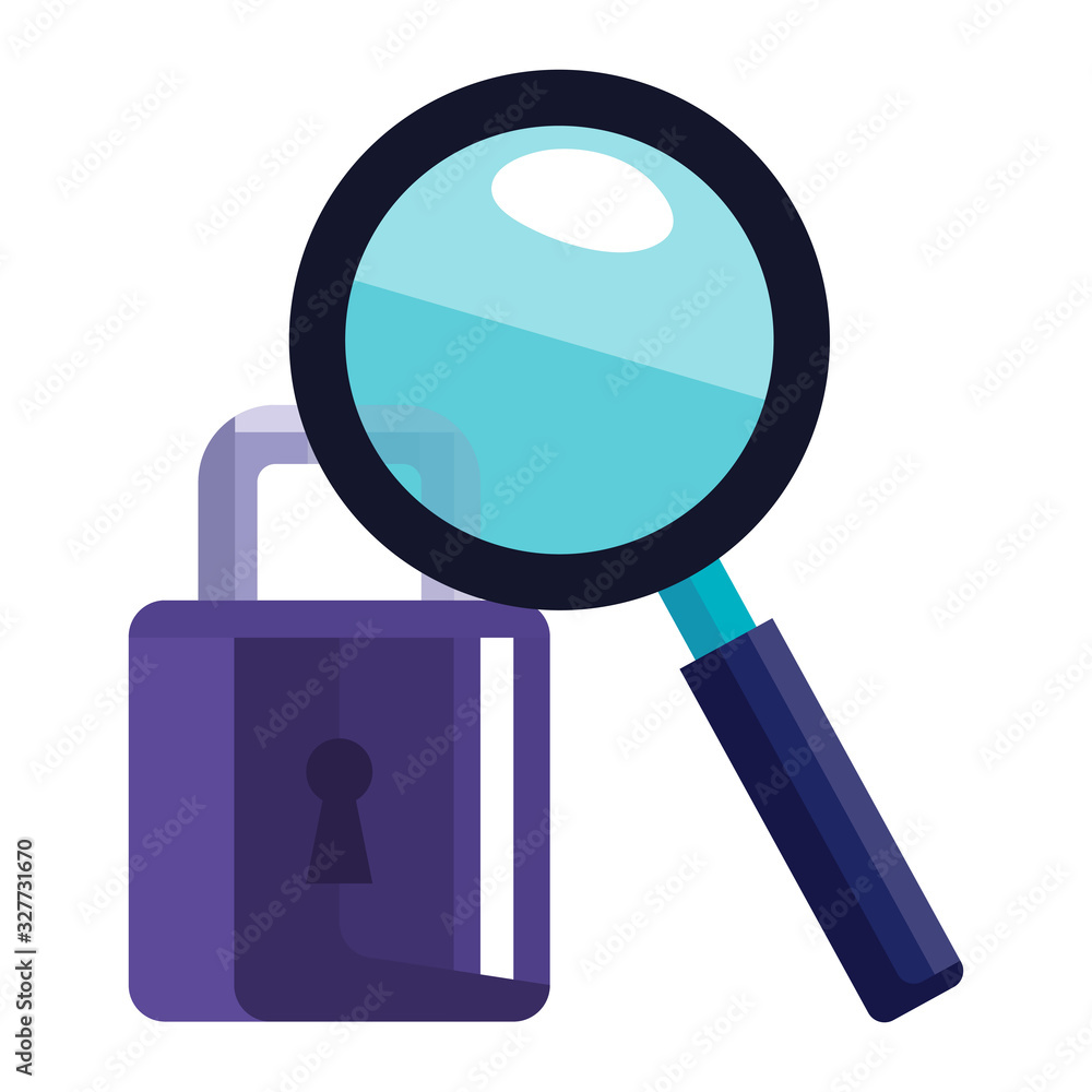 Poster padlock and lupe design of security system warning protection danger web alert and safe theme vector