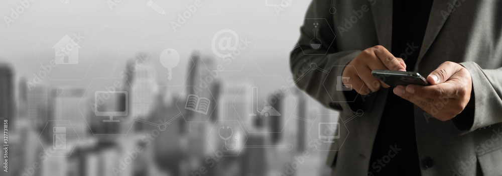 Poster man use digital phone typing on phone tablet smartphone searching browsing internet internet of thin
