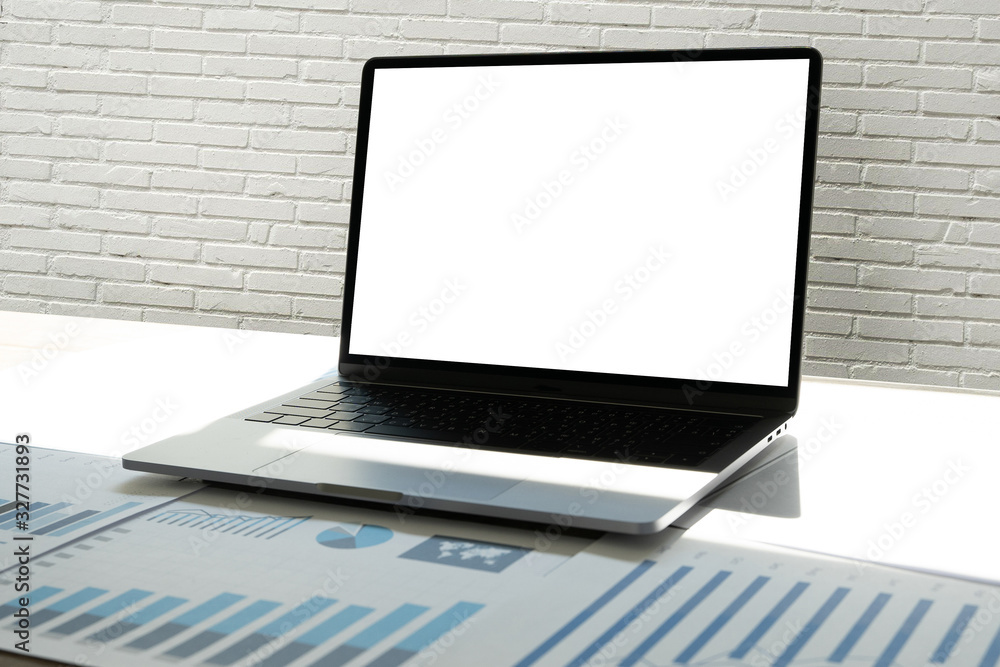 Poster man using laptop with blank screen work on blank screen computer cloud computing