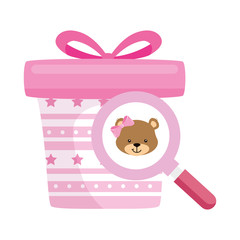gift box present pink with magnifying glass vector illustration design