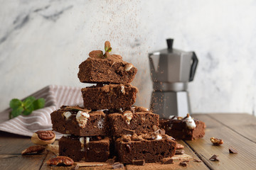 Chocolate brownie with marshmallows and mint