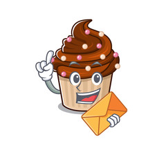 Happy face chocolate cupcake mascot design with envelope