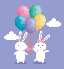 cute rabbits of easter with balloons helium vector illustration design