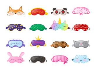 Sleep masks different shapes. Eye protection accessories and prevention of healthy sleep. Masks in form of cat, unicorn, fox, bunny, for New Year, Valentine's Day, etc. Vector illustration