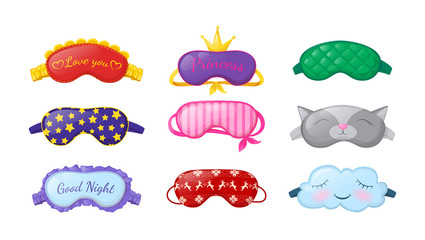 Sleep masks different shapes. Eye protection accessories and prevention of healthy sleep. Masks in form of cat, cloud, for New Year, Valentine's Day, etc. Vector illustration