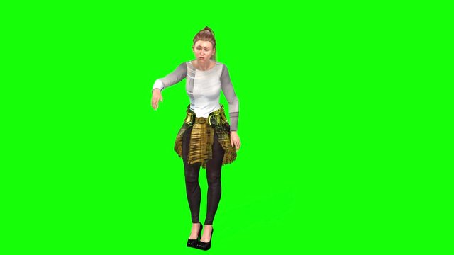 4k 3D animation of a Avatar animated young girl, smiling, moving and making a curtsy