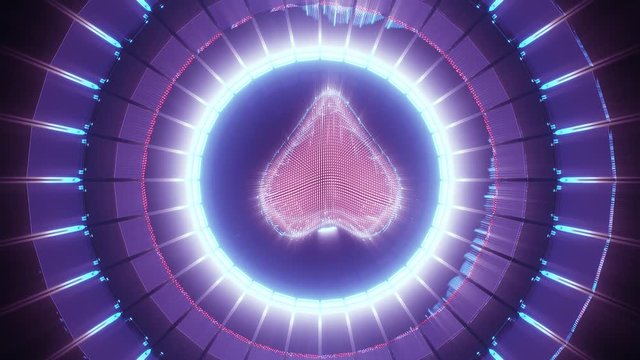 Red heart rotating in blue and purple opening circles, rendered 3d graphic animation