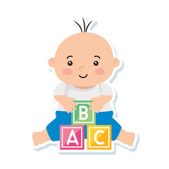 cute little baby boy with cubes toy vector illustration design
