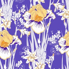 Flowers irises, daffodils and primroses in a spring purple seamless pattern.