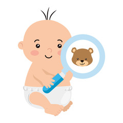cute little baby boy with magnifying glass vector illustration design