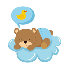 cute teddy bear in cloud with duck rubber vector illustration design