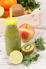Healthy smoothie from fruits and vegetables as source vitamins. Slimming and nutritious dessert concept
