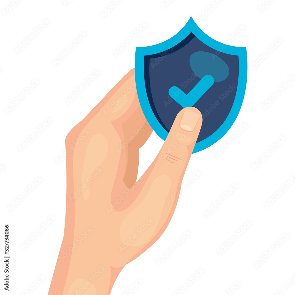 Poster hand holding shield with check mark design of security system warning protection danger web alert an