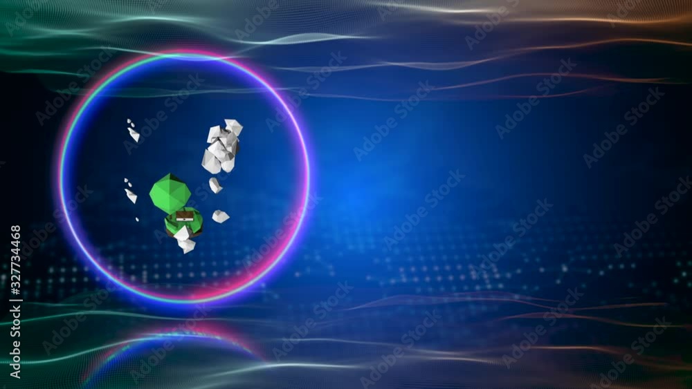 Poster 3d abstract low poly object inside a neon light ring over extraterrestrial virtual space.