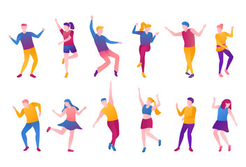 People nightlife set, flat vector illustration. Adult man boys and girls clubbers in bright clothes movement at party. A group of men and women is dancing and moves on an isolated white background.