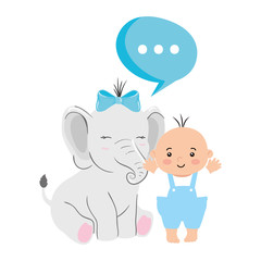 cute baby boy with elephant and speech bubble vector illustration design