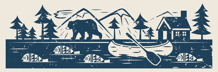 . River or lake, fish, canoe, bear, forest, mountains and  lodge on the shore. Vector vintage illustration.