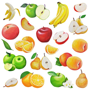 large fruit set. Fruits are drawn by hand, in gouache, in the style of oil painting. isolated on a white background. can be used for textiles, stationery, corporate identity, wallpaper.