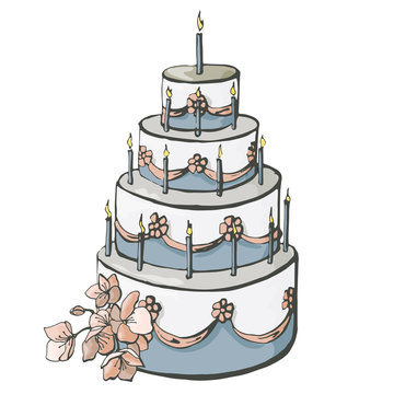Hand drawn color vector wedding cake with flowers and candles