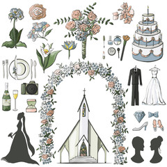 Hand drawn color vector wedding elements with flowers, plate, church, camera, ring, cake, wedding dress, wedding bouquet, bride