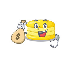 Rich and famous lemon macaron cartoon character holding money bag