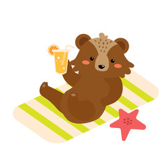 Vector flat cartoon cute kawaii brown bear in summer vacation laying on striped towel with fresh tropic orange juice and red starfish. Sunbathe