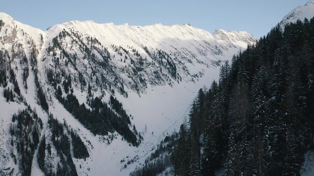 AERIAL: Mountain winter landscape with sun shining on mountain peaks. Flying close to the trees. Zillertal, Austria