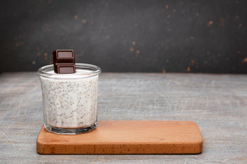 chocolate Smoothie with chia seeds and various fruits. Healthy breakfast or snack.